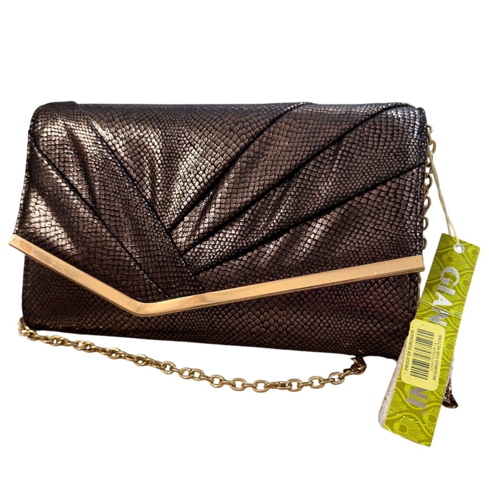 Gianni Bini Bronze Metallic Snakeskin Clutch Chain Strap Evening Bag Date NWT‎